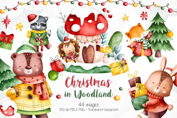 Christmas in Woodland Clipart: Festive Illustrations