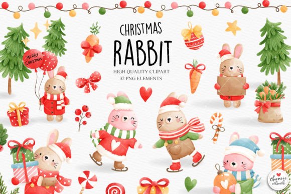 Christmas Rabbit Clipart: Festive Illustrations for Crafts