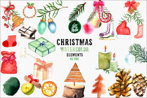 Watercolor Christmas Elements Clipart700: Festive Illustrations