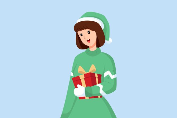 Woman with Christmas Gift: Festive Illustrations